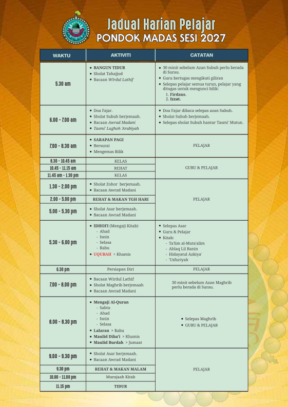 Jadual Harian - Pondok MADAS Sesi 2027