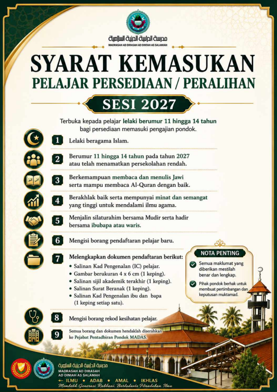 Syarat Kemasukan - Pondok MADAS Sesi 2027